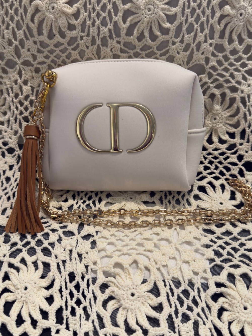 Dior White Mini Crossbody with Gold CD Logo and Tan Tassel